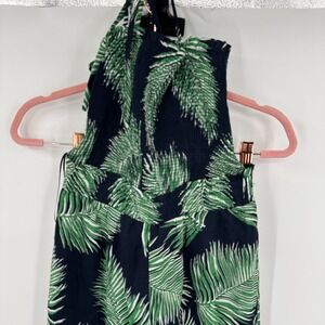 Baltic Born Smocked Jumpsuit Women's Small Green Blue Palm Leaf Print Sleeveless